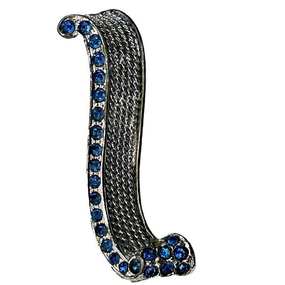 Vintage 2" Silver Tone Blue Rhinestone Accented Scroll Curled Bar Brooch Pin - Picture 1 of 5